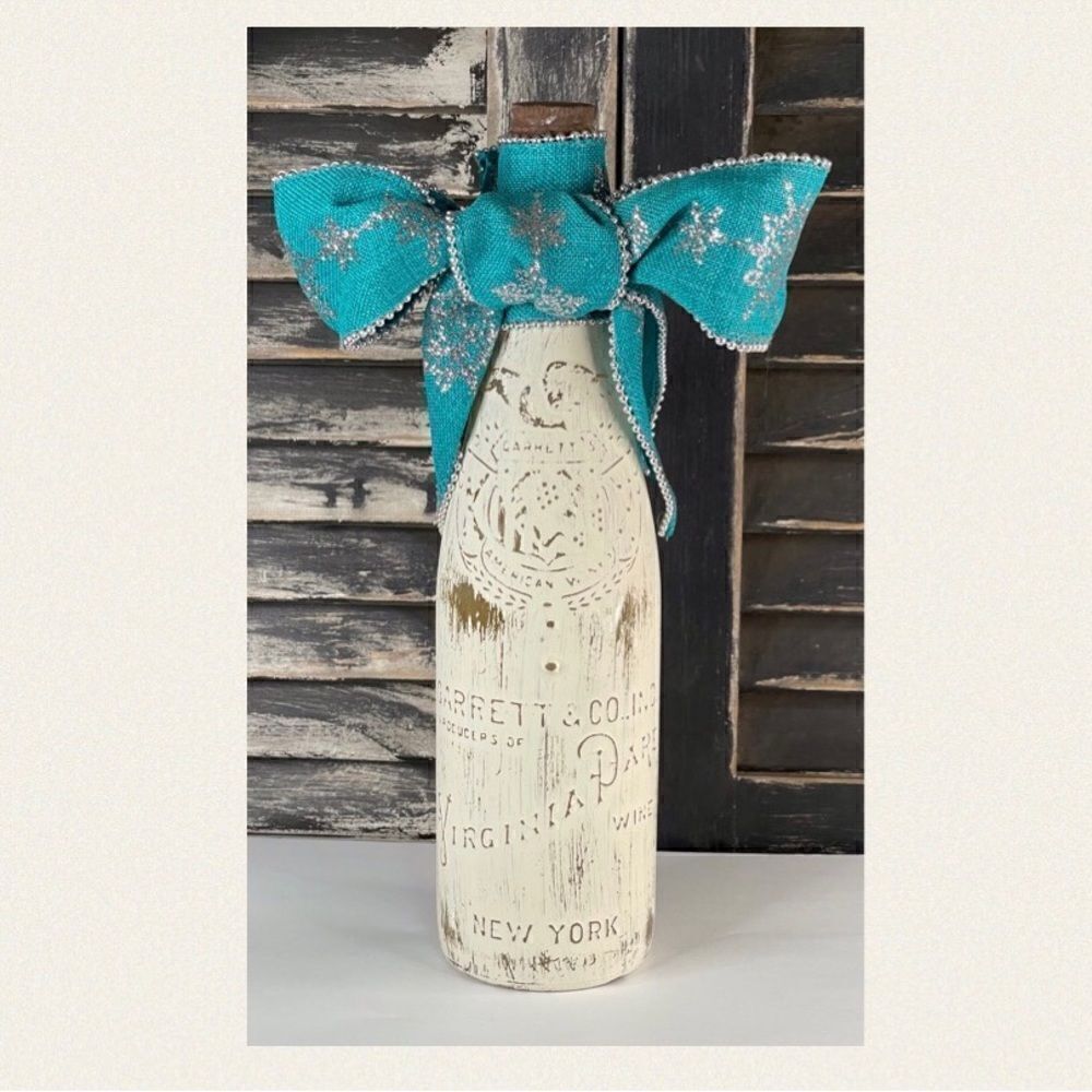 Hand Painted Wine Bottle-Cream with Turquoise Colored Ribbon
